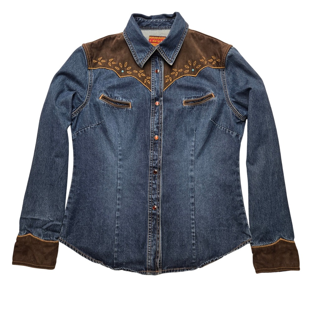 Lawman Vintage Womens Large Western Denim Shirt Brown Faux Suede Trim Snap 90s *